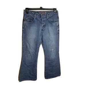 Womens Silver 30/31 Distressed Faded Button Fly Flare Blue Jeans‎ Jewel